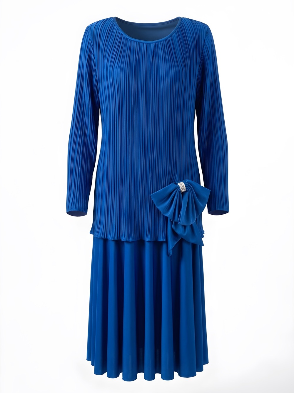 After Dark Cobalt Blue Long-Sleeve Pleated Midi Dress with Decorative Bow
